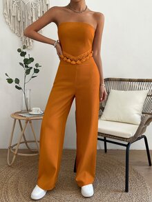 SHEIN Essnce Fringe Trim Tube Top & Trousers - Orange - View 6