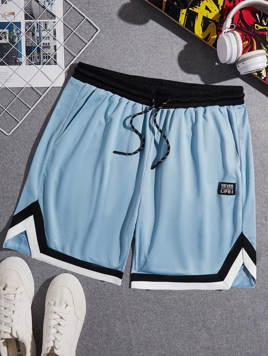 Manfinity VCAY Men Letter Patched Detail Contrast Trim Drawstring Waist Shorts - Baby Blue - View 1