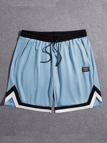 Manfinity VCAY Men Letter Patched Detail Contrast Trim Drawstring Waist Shorts - Baby Blue - View 4