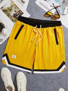 Manfinity VCAY Men Letter Patched Detail Striped Trim Drawstring Waist Shorts - Yellow - View 1