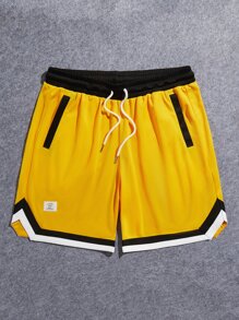 Manfinity VCAY Men Letter Patched Detail Striped Trim Drawstring Waist Shorts - Yellow - View 4