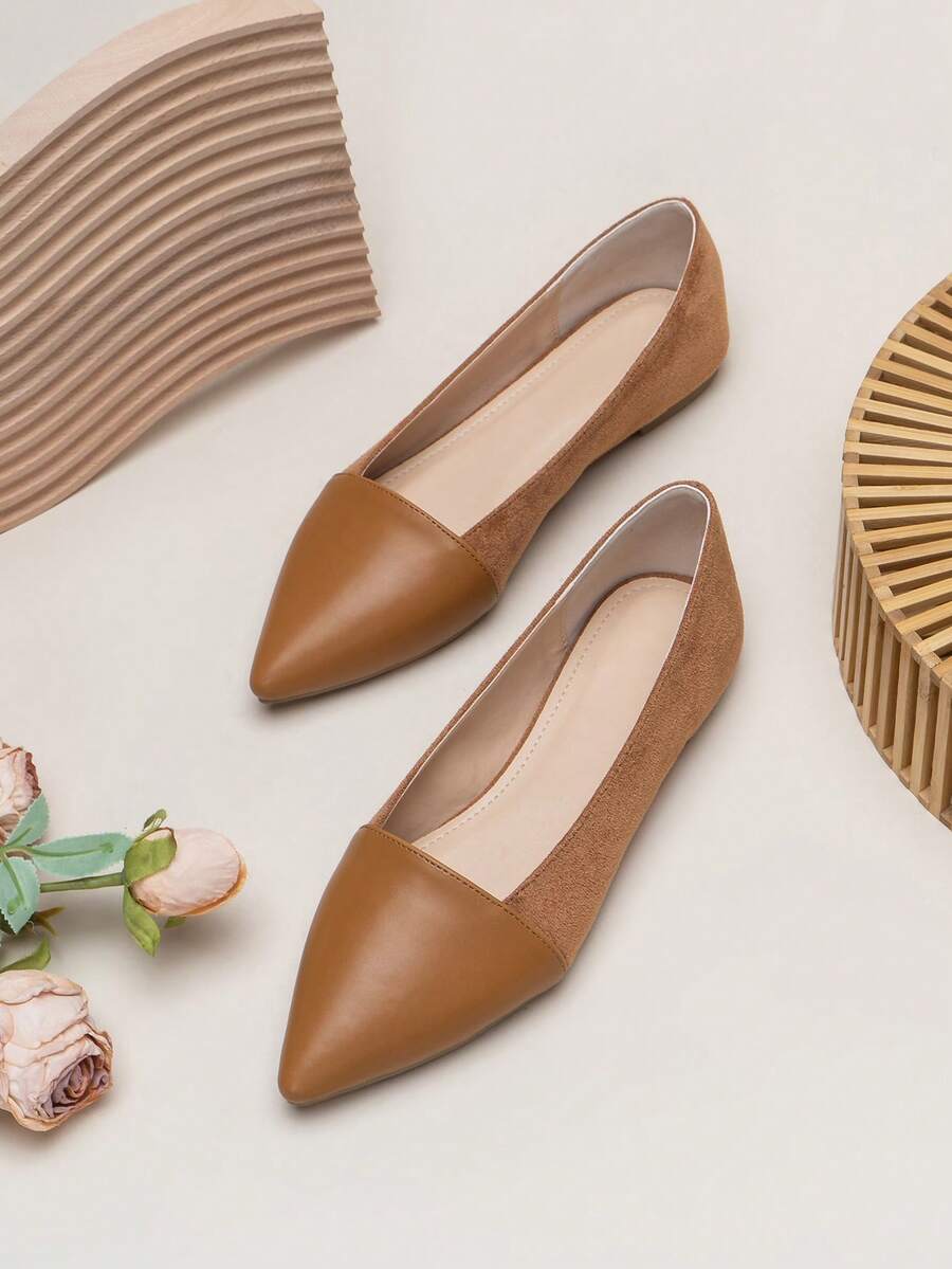 Women Minimalist Ballets, Faux Suede Point Toe Elegant Flats - Brown - View 1