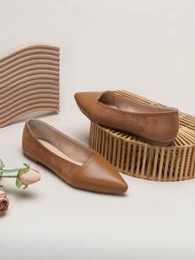 女士極簡仿麂皮尖頭優雅平底鞋 - 棕色 - 查看 3