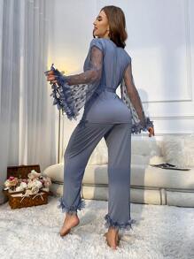 Contrast Lace Flounce Sleeve Belted PJ Set / Pajama Set, Fall Clothes - Dusty Blue - View 2