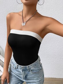 SHEIN EZwear Áo liền quần ôm nữ Tương phản ràng buộc Khối Màu Giải trí - Đen và trắng - Xem 4