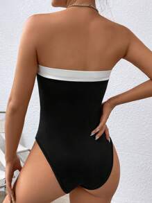 SHEIN EZwear Áo liền quần ôm nữ Tương phản ràng buộc Khối Màu Giải trí - Đen và trắng - Xem 2