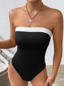 SHEIN EZwear Áo liền quần ôm nữ Tương phản ràng buộc Khối Màu Giải trí - Đen và trắng - Xem 3