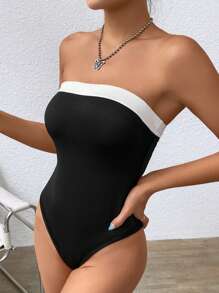 SHEIN EZwear Áo liền quần ôm nữ Tương phản ràng buộc Khối Màu Giải trí - Đen và trắng - Xem 6