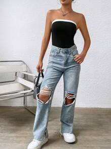 SHEIN EZwear Áo liền quần ôm nữ Tương phản ràng buộc Khối Màu Giải trí - Đen và trắng - Xem 7