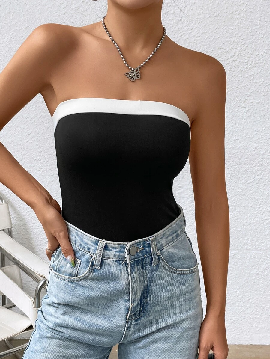 SHEIN EZwear Áo liền quần ôm nữ Tương phản ràng buộc Khối Màu Giải trí - Đen và trắng - Xem 1