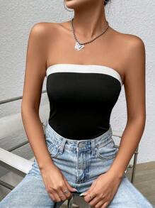 SHEIN EZwear Áo liền quần ôm nữ Tương phản ràng buộc Khối Màu Giải trí - Đen và trắng - Xem 5