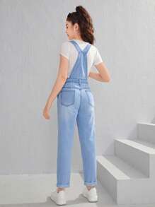 SHEIN Teen Girls Patched Pocket Ripped Denim Overall Jumpsuit - Light Wash - View 2