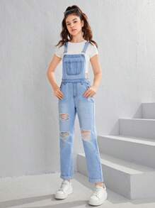 SHEIN Teen Girls Patched Pocket Ripped Denim Overall Jumpsuit - Light Wash - View 3