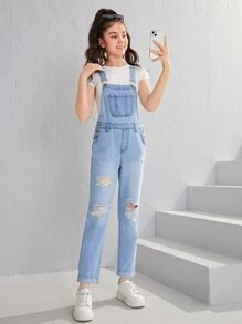 SHEIN Teen Girls Patched Pocket Ripped Denim Overall Jumpsuit - Light Wash - View 5