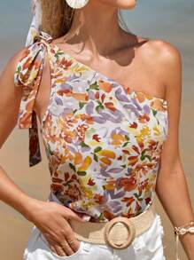 SHEIN Frenchy Floral Print One Shoulder Knot Detail Blouse - Multicolor - View 2