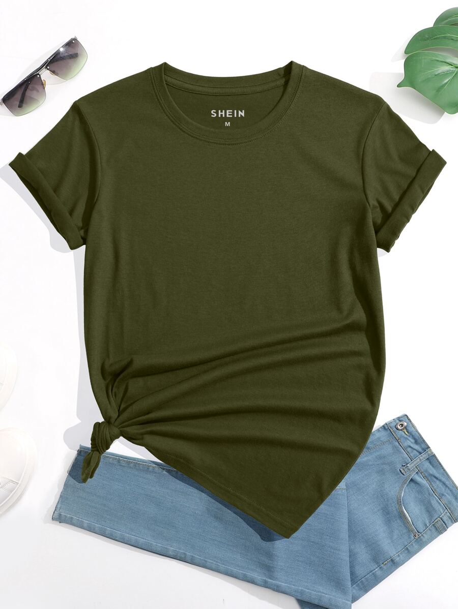 INAWLY Women's Solid Color Round Neck Casual Versatile Short Sleeve T-Shirt - Army Green - View 1