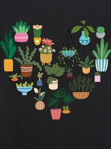 SHEIN EZwear Áo thun nữ Thực vật Giải trí - màu đen - Xem 6