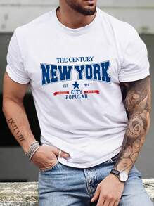 Manfinity Homme 男款T卹適合短袖圓領圖形TEE，紐約都市休閒夏季聚酯纖維 - 白色 - 查看 1