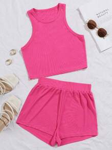 SHEIN EZwear Bộ đồ hai mảnh nữ Gân đan màu trơn Giải trí - Màu Hồng Tươi - Xem 1