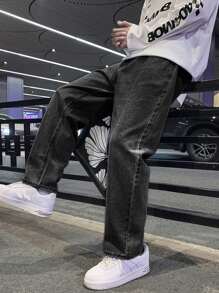 Quần Jeans Nam Nút Túi Dây kéo màu trơn - Màu xám đen - Xem 3