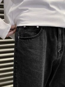 Quần Jeans Nam Nút Túi Dây kéo màu trơn - Màu xám đen - Xem 4