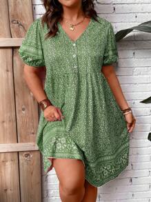 SHEIN Holidaya Plus Ditsy Floral Print Puff Sleeve Dress - Green - View 1