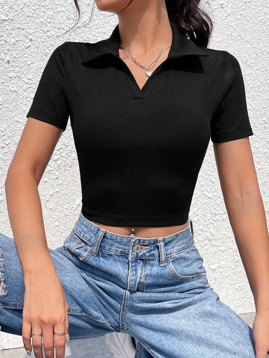SHEIN EZwear Solid Ribbed Knit Crop Tee - Black - View 1
