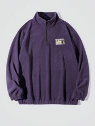 Manfinity EZcore Erkek Çeyrek Fermuarlı Önü Yamalı Flanel Bol Sweatshirt, Sonbahar Kış İçin, Uzun Kollu Üst