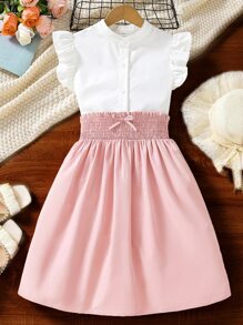 SHEIN Girls Ruffle Trim Button Front Blouse & Shirred Frill Waist Skirt - Multicolor - View 1