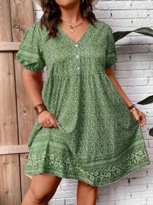 SHEIN Holidaya Plus Ditsy Floral Print Puff Sleeve Dress - Green - View 3