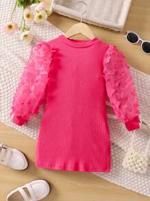 少女粉色純色立領燈籠袖夏季連衣裙