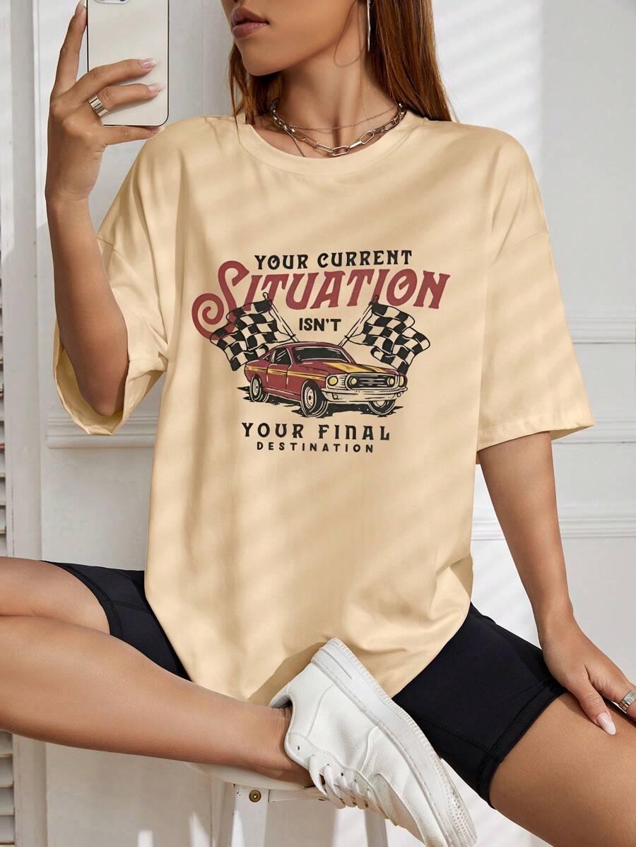 SHEIN EZwear Car & Slogan Graphic Drop Shoulder Tee - Khaki - View 1
