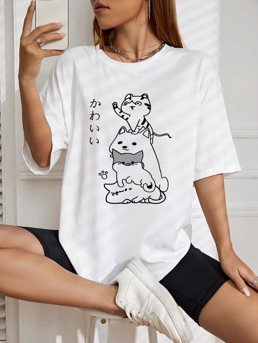 SHEIN EZwear Camiseta oversize de hombros caídos con gráficos de dibujos animados - Blanco - Ver 1