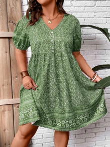 SHEIN Holidaya Plus Ditsy Floral Print Puff Sleeve Dress - Green - View 6