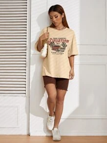 SHEIN EZwear Car & Slogan Graphic Drop Shoulder Tee - Khaki - View 3