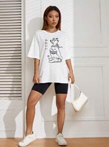 SHEIN EZwear Camiseta oversize de hombros caídos con gráficos de dibujos animados - Blanco - Ver 3