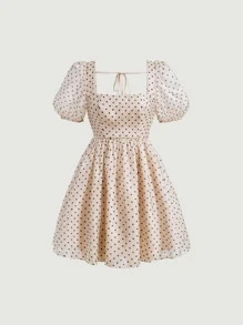 SHEIN MOD Polka Dot Print Puff Sleeve Mesh Overlay Dress - Multicolor - View 1