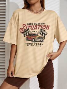 SHEIN EZwear Car & Slogan Graphic Drop Shoulder Tee - Khaki - View 4