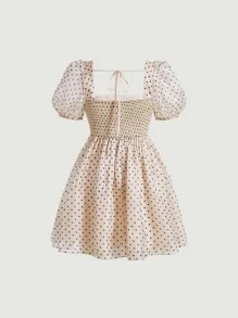 SHEIN MOD Polka Dot Print Puff Sleeve Mesh Overlay Dress - Multicolor - View 2