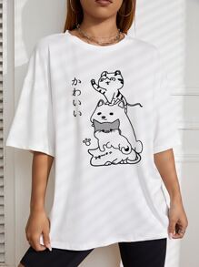 SHEIN EZwear Camiseta oversize de hombros caídos con gráficos de dibujos animados - Blanco - Ver 5