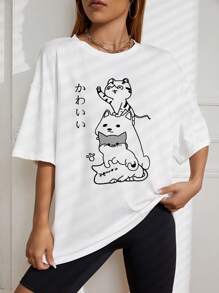 SHEIN EZwear Camiseta oversize de hombros caídos con gráficos de dibujos animados - Blanco - Ver 6