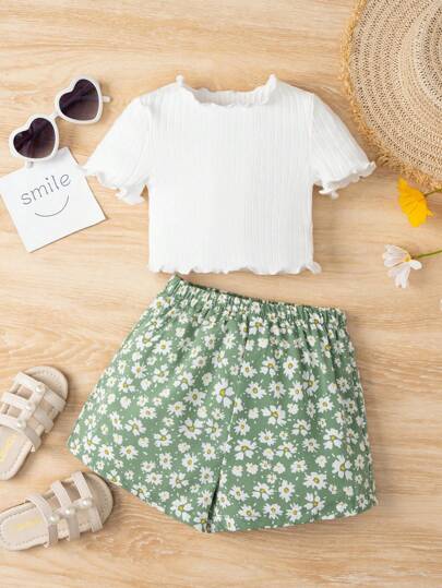 SHEIN Baby Girl Lettuce Trim Tee & Daisy Floral Print Shorts