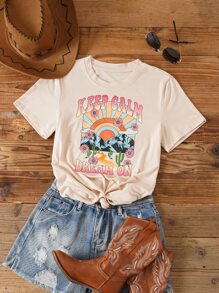 SHEIN LUNE Áo thun nữ Hoa Slogan Giải trí - Màu be - Xem 1