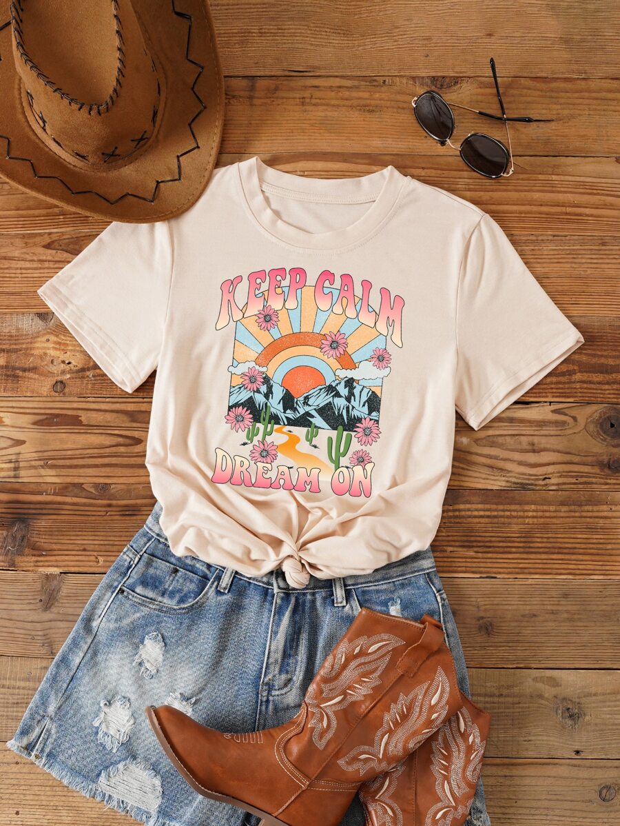 SHEIN LUNE Áo thun nữ Hoa Slogan Giải trí - Màu be - Xem 1