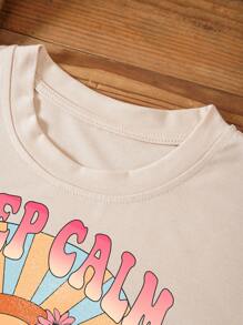 SHEIN LUNE Áo thun nữ Hoa Slogan Giải trí - Màu be - Xem 3