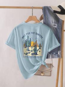 INAWLY 仙人掌和标语图案 T 恤等待亚利桑那州的日出 - 淺藍色 - 查看 1