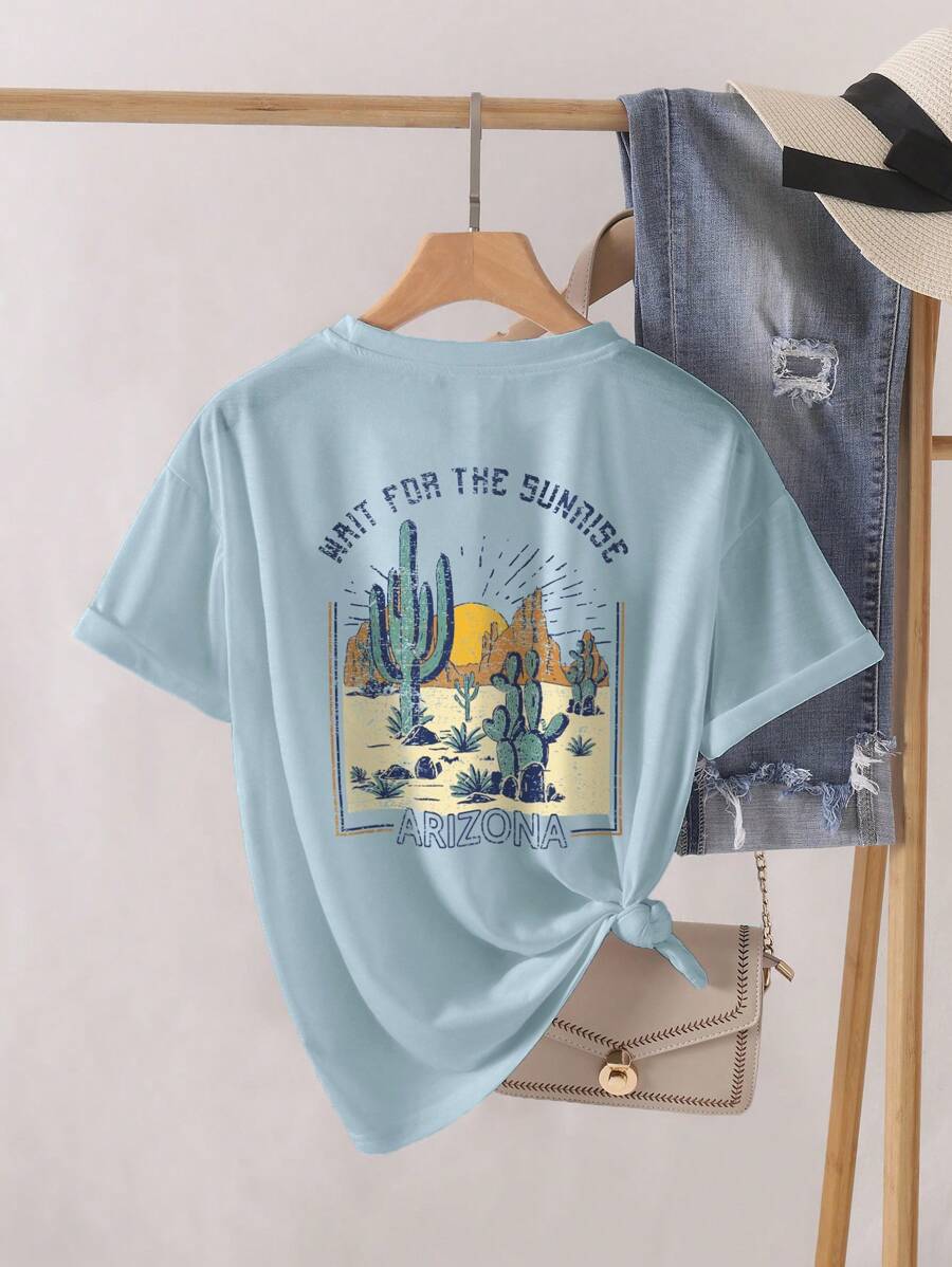 INAWLY 仙人掌和标语图案 T 恤等待亚利桑那州的日出 - 淺藍色 - 查看 1