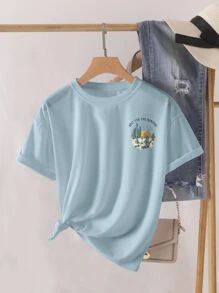 INAWLY 仙人掌和标语图案 T 恤等待亚利桑那州的日出 - 淺藍色 - 查看 2