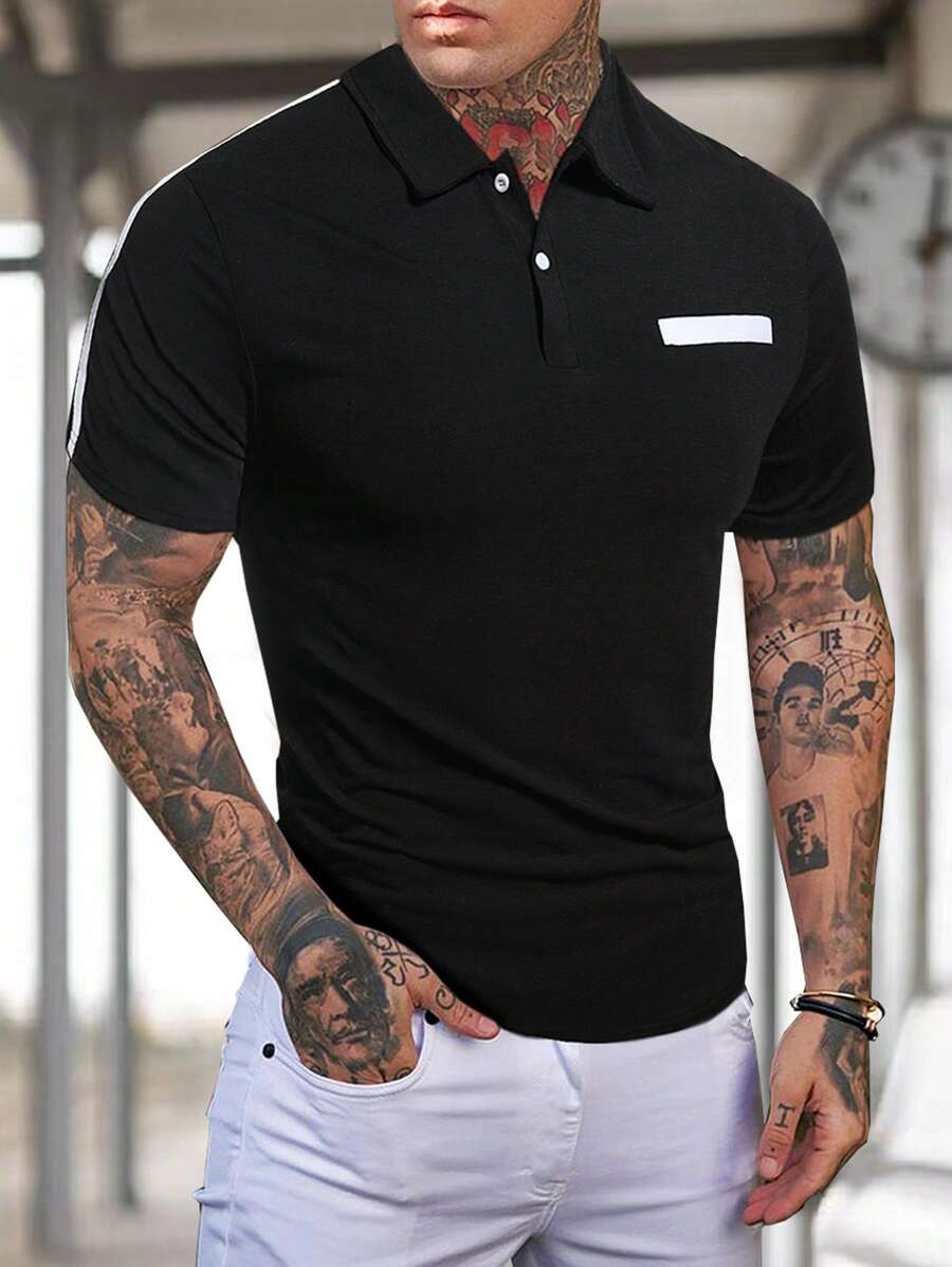 Manfinity Men Contrast Tape Side Polo Shirt - Black - View 1