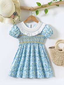 小女童碎花荷葉邊泡泡袖洋裝